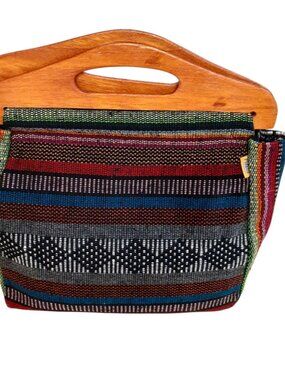 Mr. Pinzon Artesanias Mexican Aztec Handbag Woven & Wooden Handle 12" x 13"